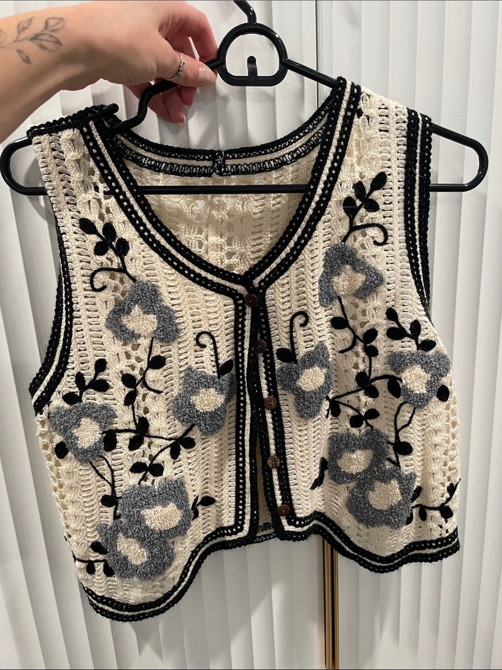 Cream Crochet Floral Button-Front Vest with Black Trim and Gray Accents